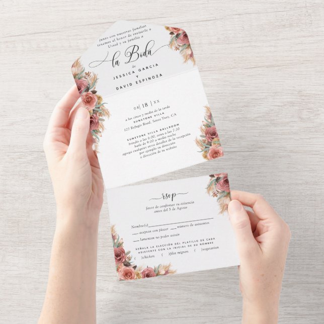 Spanish, Pampas Grass Blush Wedding Tear Off RSVP All In One Invitation (Tearaway)