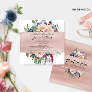 Spanish, Pastel Floral and Rose Gold Quinceañera Invitation