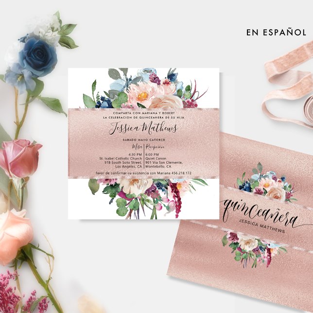 Spanish, Pastel Floral and Rose Gold Quinceañera Invitation (Creator Uploaded)