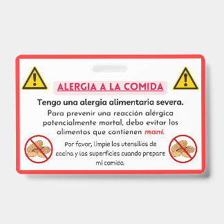 Spanish Peanut Allergy Alert Chef Card  ID Badge