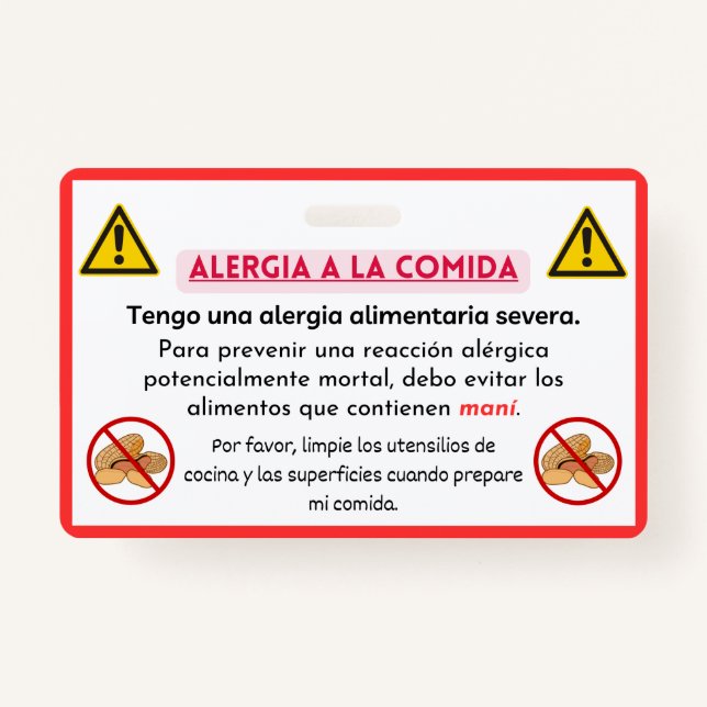 Spanish Peanut Allergy Alert Chef Card  ID Badge (Front)