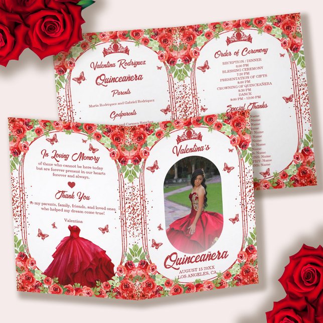Spanish Photo Red Glitter Floral Quinceanera Program (Spanish Photo Red Glitter Floral Quinceanera Program)