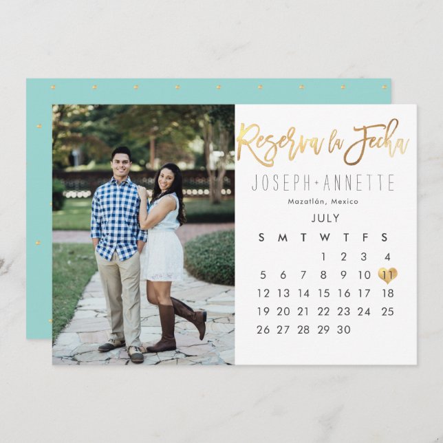 Spanish Photo Save the Date Calendar faux gold Invitation (Front/Back)