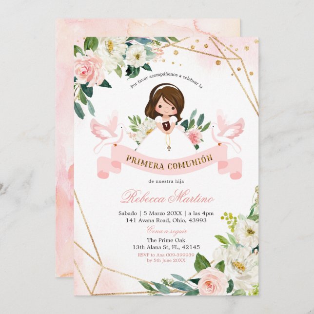 Spanish Pink and Gold Floral Girl Primera comunion Invitation (Front/Back)