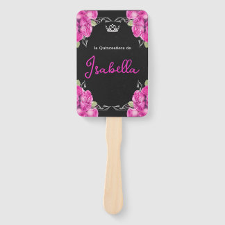 SPANISH PINK & BLACK QUINCEAÑERA - ELEGANT ROSES HAND FAN