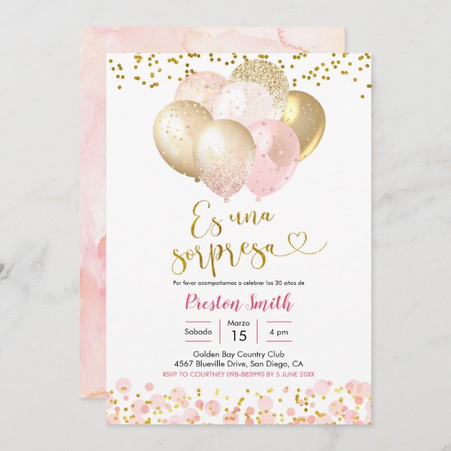 Spanish Pink Blush Balloon Sorpresa Invitation (Front/Back)