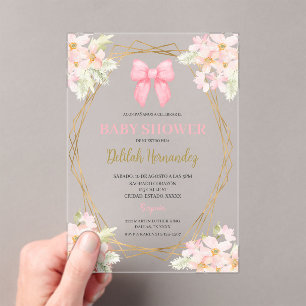 Spanish pink blush floral baby shower acrilic acrylic invitations
