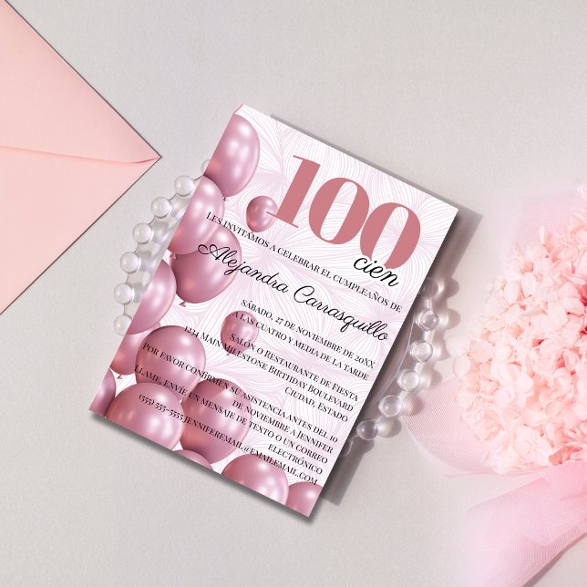 Spanish Pink Blush Floral Balloons 100th Birthday Invitation (Creator Uploaded)