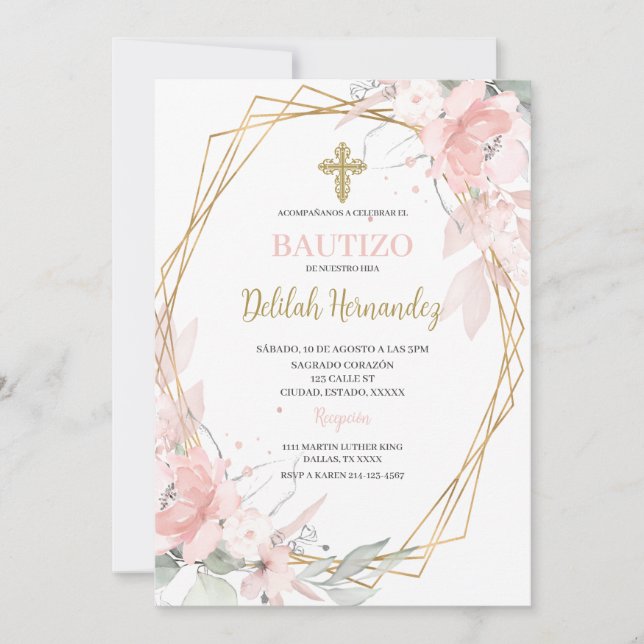 Spanish pink blush floral baptism invitation (Front)
