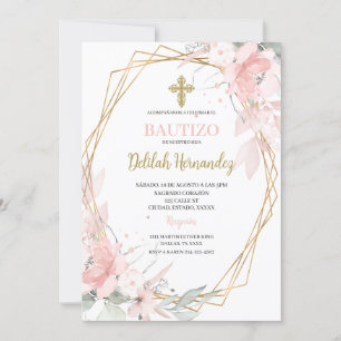 Spanish pink blush floral baptism invitation
