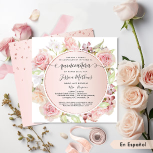 Spanish, Pink, Blush, Rose Gold Floral Quinceanera Invitation
