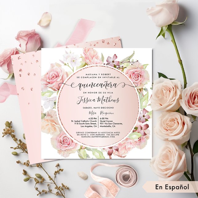 Spanish, Pink, Blush, Rose Gold Floral Quinceanera Invitation (Creator Uploaded)