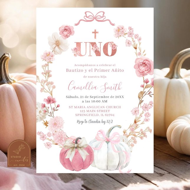 Spanish Pink Bow Coquette Pumpkin Bautizo Invitation (Creator Uploaded)