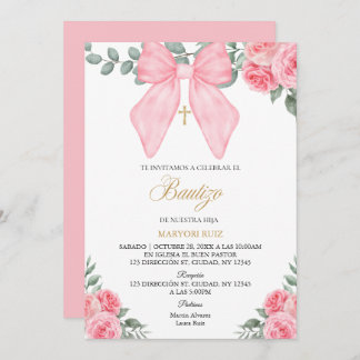 Spanish Pink bow florals girl Baptism Invitation