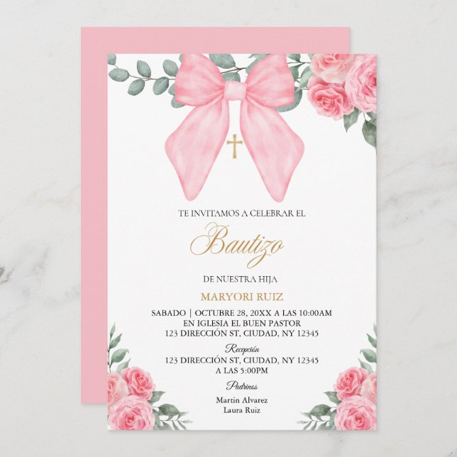 Spanish Pink bow florals girl Baptism Invitation (Front/Back)