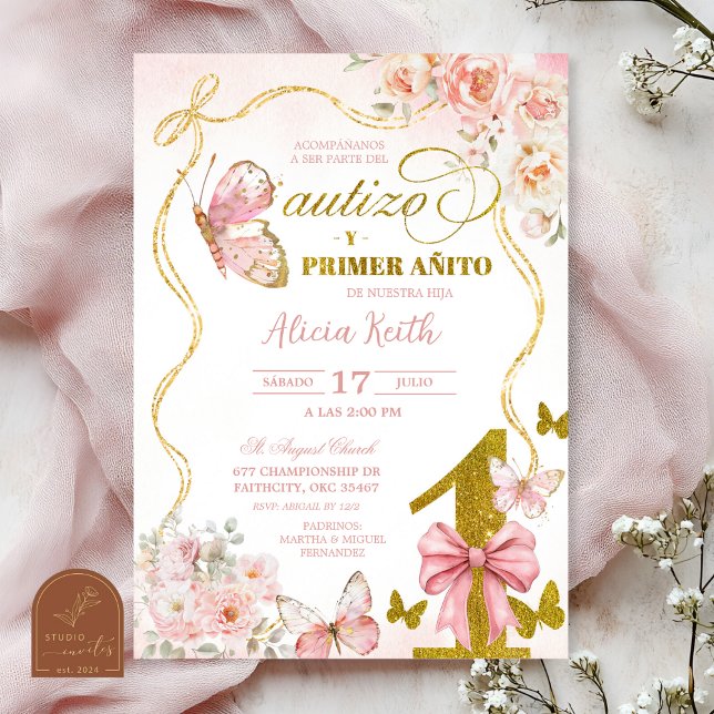 SPANISH Pink Butterfly Bautizo Y Primer Anito Invitation (Creator Uploaded)