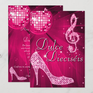 Spanish Pink Disco Ball & Sparkle Heels Sweet 16 Invitation