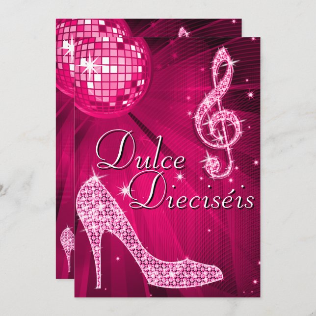 Spanish Pink Disco Ball & Sparkle Heels Sweet 16 Invitation (Front/Back)