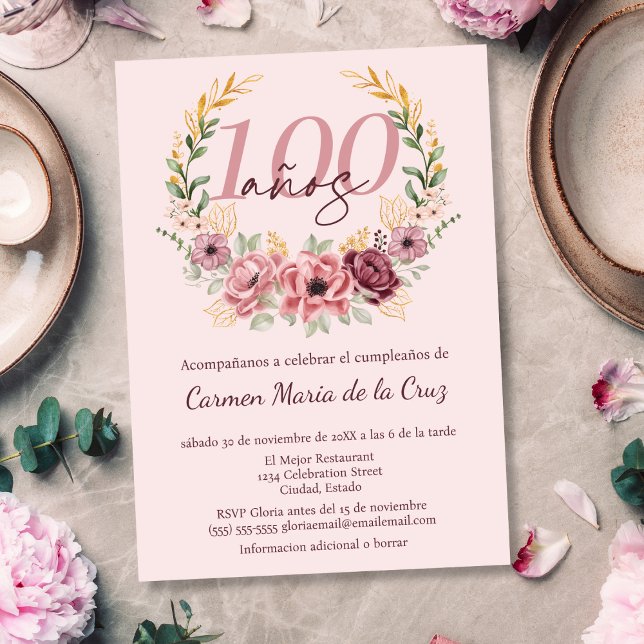Spanish Pink Elegant Floral 100th Birthday Party Invitation (Creator Uploaded)