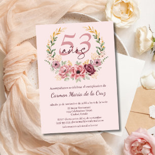 Spanish Pink Elegant Floral 53rd Birthday Party Invitation