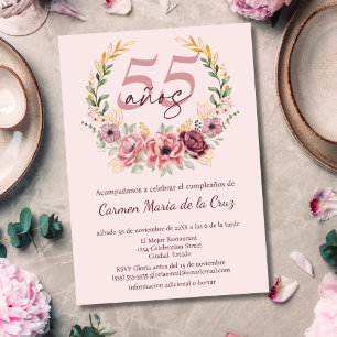 Spanish Pink Elegant Floral 55th Birthday Party Invitation