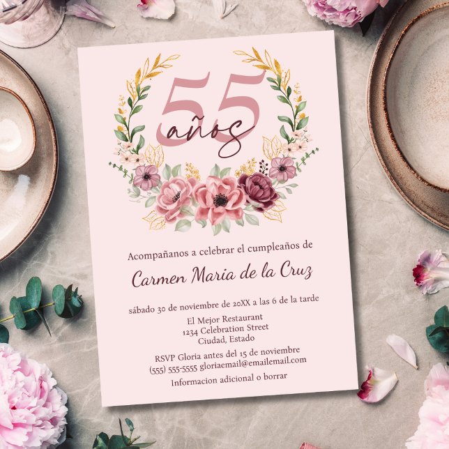 Spanish Pink Elegant Floral 55th Birthday Party Invitation (Creator Uploaded)