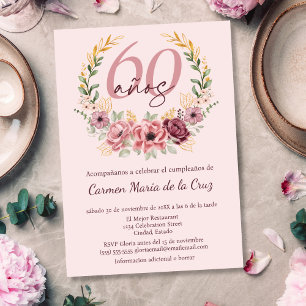 Spanish Pink Elegant Floral 60th Birthday Party Invitation