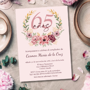Spanish Pink Elegant Floral 65th Birthday Party Invitation