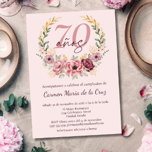 Spanish Pink Elegant Floral 70th Birthday Party Invitation