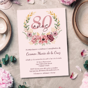 Spanish Pink Elegant Floral 80th Birthday Party Invitation