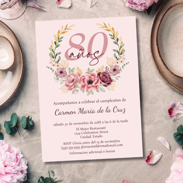 Spanish Pink Elegant Floral 80th Birthday Party Invitation (Creator Uploaded)