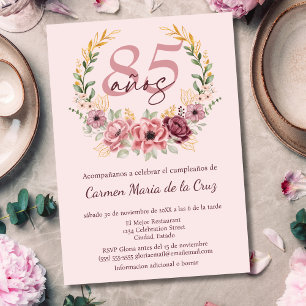 Spanish Pink Elegant Floral 85th Birthday Party Invitation