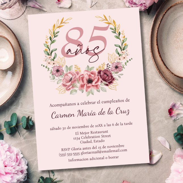 Spanish Pink Elegant Floral 85th Birthday Party Invitation (Creator Uploaded)