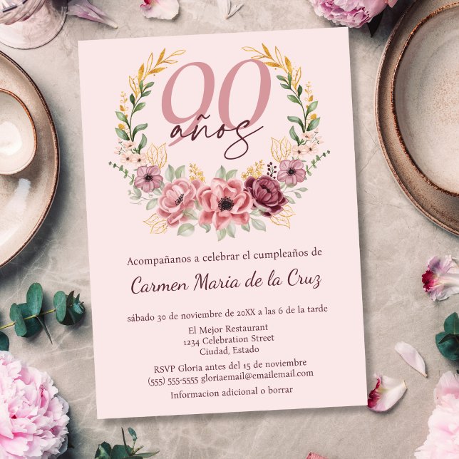 Spanish Pink Elegant Floral 90th Birthday Party Invitation (Creator Uploaded)