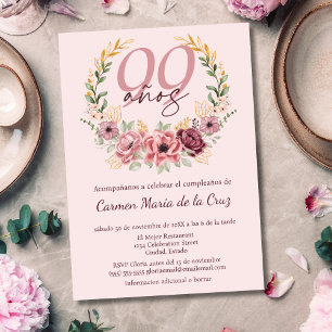 Spanish Pink Elegant Floral 99th Birthday Party Invitation