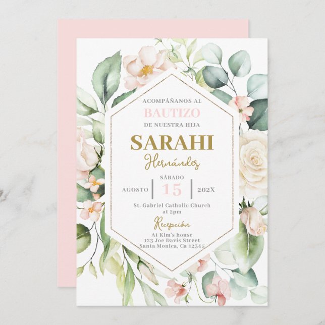 Spanish Pink Floral Baptism girl invitation (Front/Back)