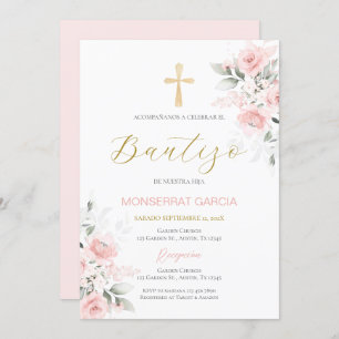 Spanish Pink Floral Baptism Girl Invitation