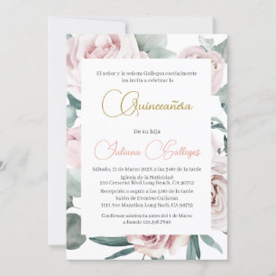 Spanish Pink Floral frame Quinceañera Invitation