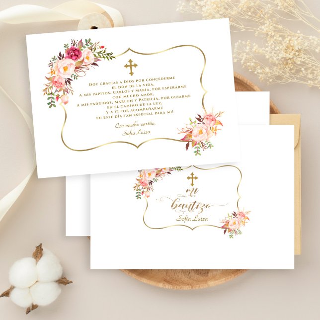 Spanish Pink Floral Gracias Con Oración Bautizo Thank You Card (Baptism thank you, trendy pink floral gold  bautizo con oracion, Spanish baptism thank you)