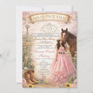 Spanish Pink Princess Floral 15 Años Quinceañera Invitation