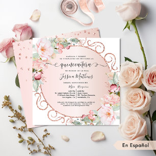 Spanish, Pink, Rose Gold, Blush Floral Quinceanera Invitation