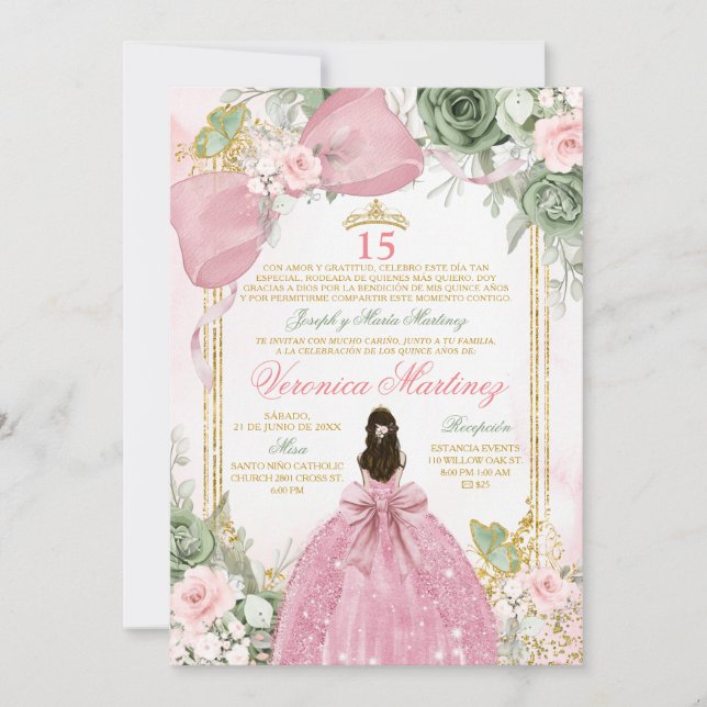 Spanish Pink Sage Green Charra Princess Floral 15 Invitation (Front)