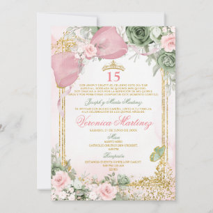 Spanish Pink & Sage Green Floral 15 Años Birthday Invitation