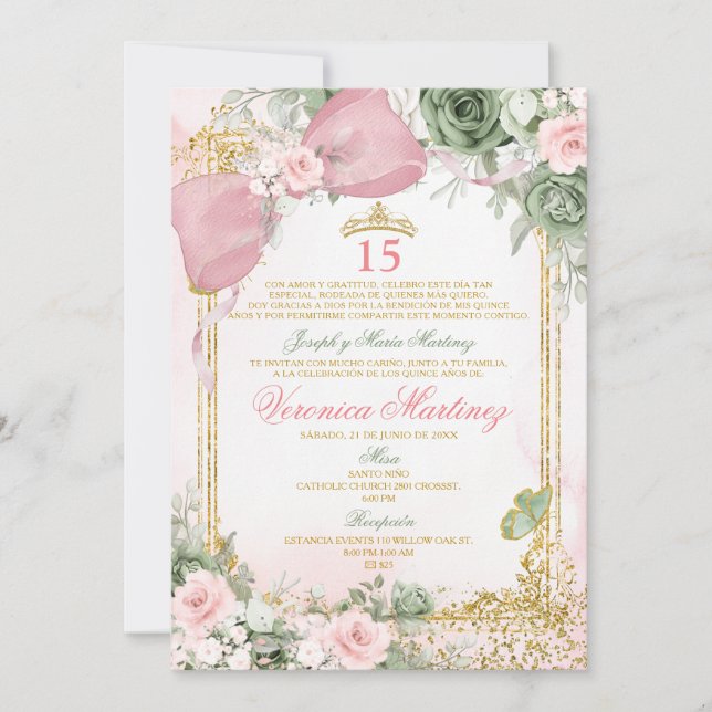 Spanish Pink & Sage Green Floral 15 Años Birthday Invitation (Front)