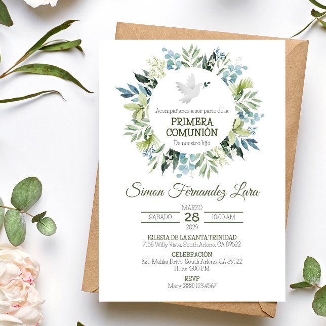 Spanish Primera Comunion Greenery First Communion Invitation (Creator Uploaded)