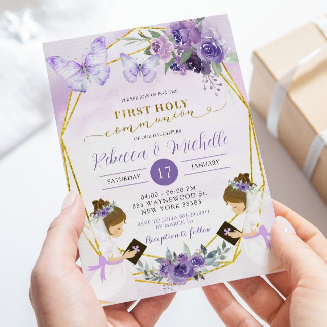 Spanish Purple Butterfly Twins First Communion Invitation (Creator Uploaded)