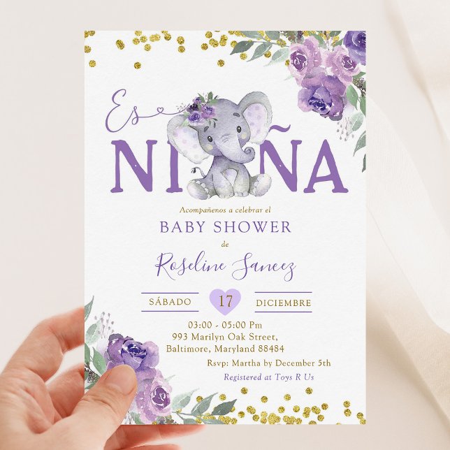 Spanish Purple Elephant Es Niña Baby Shower Invitation (Creator Uploaded)