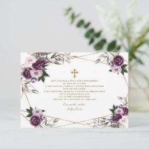 Spanish Purple Floral Gracias Con Oración Bautizo Thank You Card