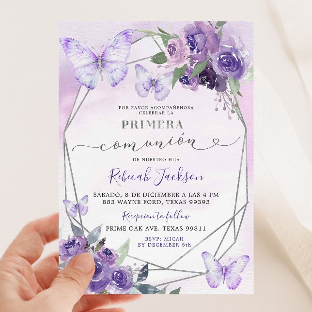 Spanish Purple Floral Primera Comunión Butterfly Invitation (Creator Uploaded)