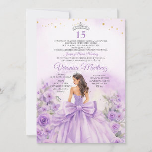 Spanish Purple Floral Princess Bow Sweet 15 Años Invitation